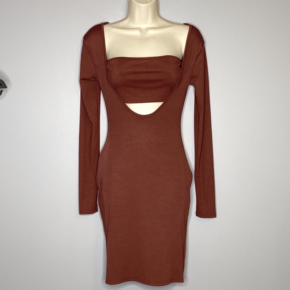 Solid Color Long Sleeve Dress‎ Sexy Square Collar Hollow Out Bodycon Dress